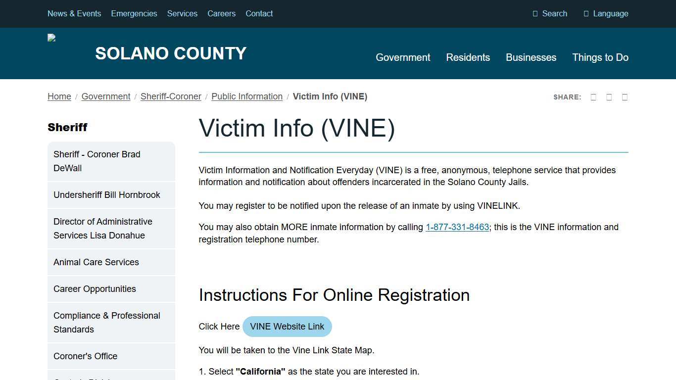 Victim Info (VINE) Solano County, California